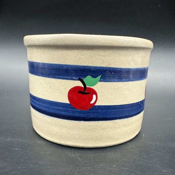 Vintage Stoneware Crock Jar Blue Stripe Cherry Apple Storage Container Farmhouse - Picture 4 of 11